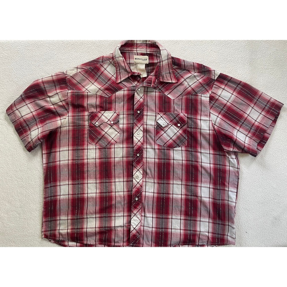Wrangler Western Shirt Mens 2XL Red Plaid Pearl Snap Sawtooth Metallic Cowboy
